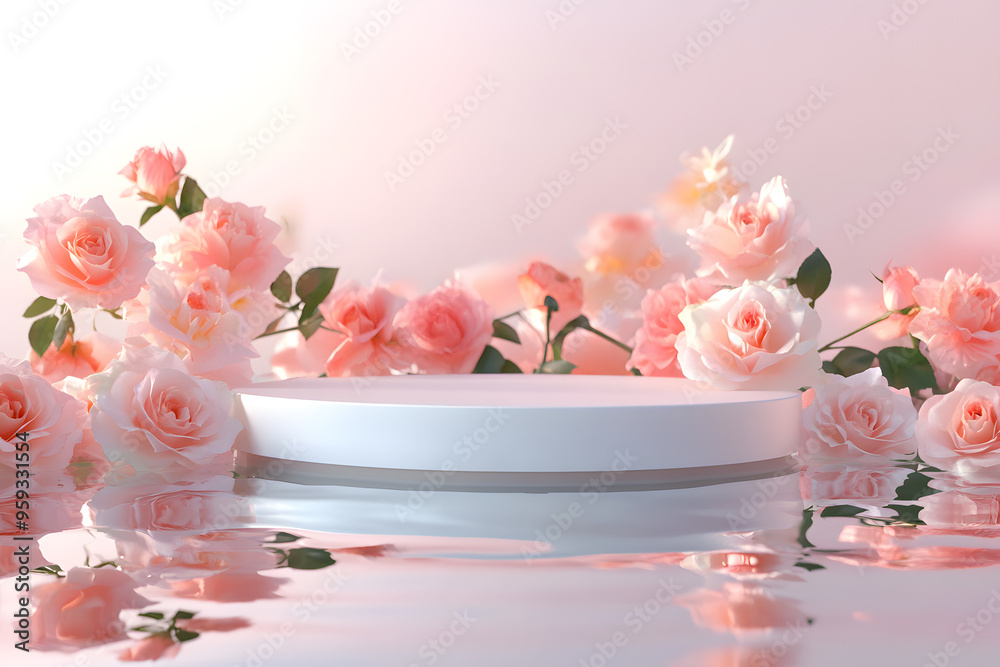 Luxurious podium surrounded by fresh rose flowers with petals open, reflected on a transparent surface. Floating and ethereal presentation. Luxurious podium surrounded by fresh rose flowers with petals open, reflected on a transparent surface. Floating and ethereal presentation.
