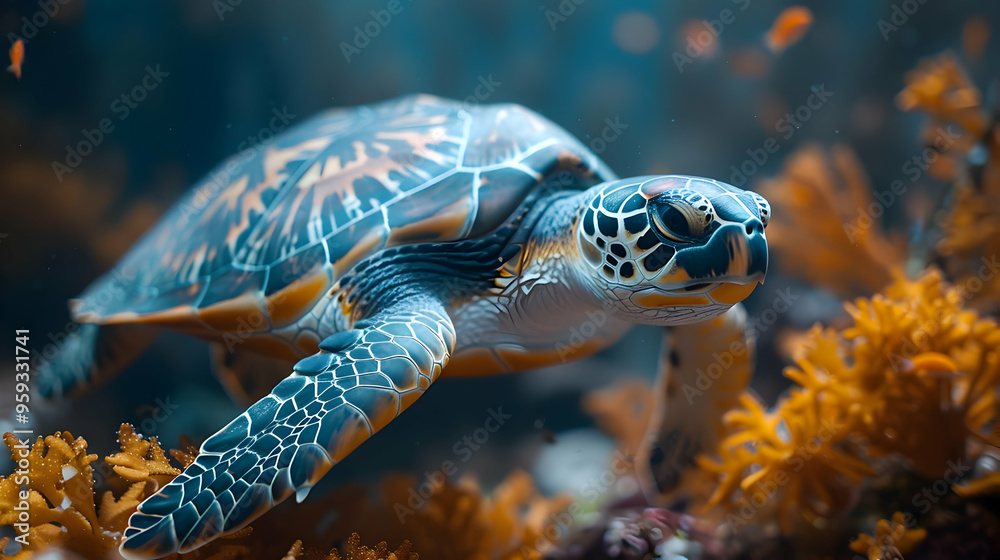 Fototapeta premium Sea Turtle Swimming Through Coral Reef Realistic Image