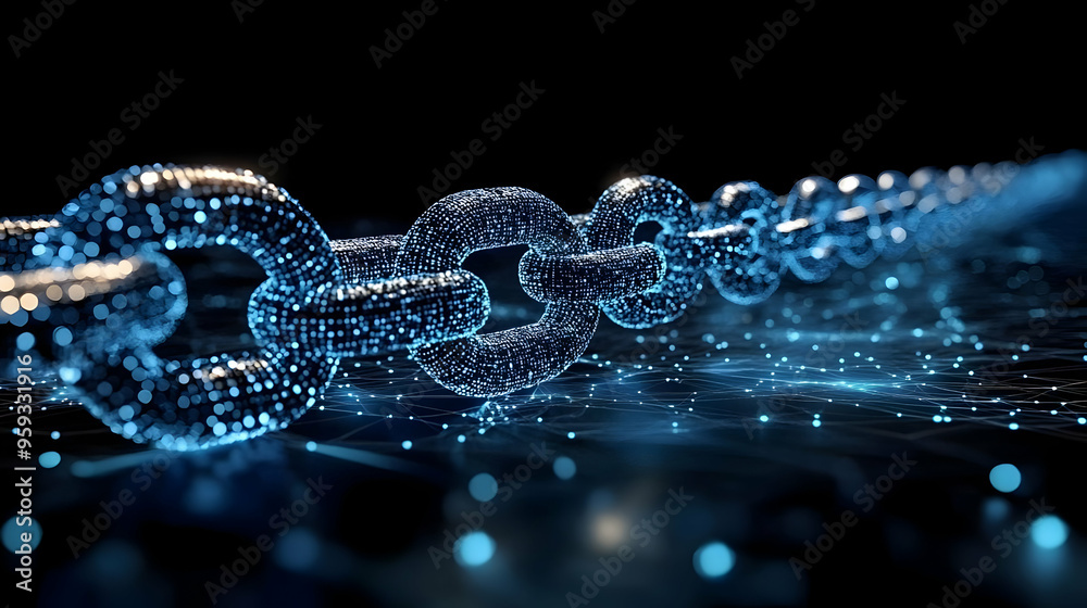 Abstract digital chain link on a dark blue background with glowing nodes and connected lines. Abstract digital chain link on a dark blue background with glowing nodes and connected lines.