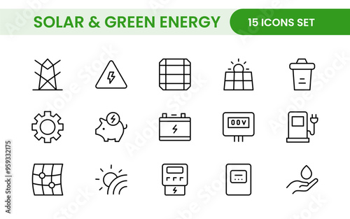 A Modern and Versatile Icon Set for Solar Energy, Renewable Resources, Eco-Friendly Solutions, and Green Technology Initiatives