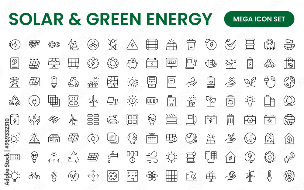 A Modern and Versatile Icon Set for Solar Energy, Renewable Resources, Eco-Friendly Solutions, and Green Technology Initiatives A Modern and Versatile Icon Set for Solar Energy, Renewable Resources, Eco-Friendly Solutions, and Green Technology Initiatives