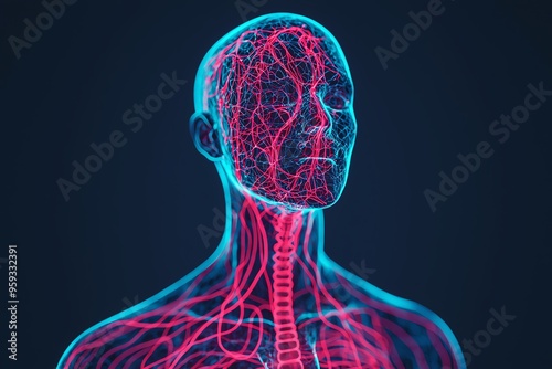 Neonhighlighted lymphatic system model, 3D illustration photo