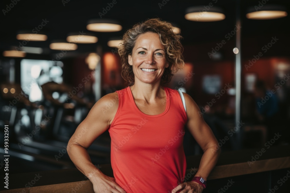 Fototapeta premium Smiling portrait of a middle aged slightly overweight woman in gym