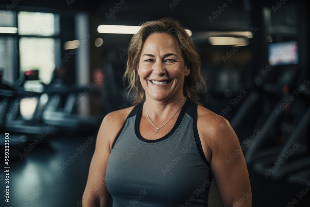 Smiling portrait of a middle aged slightly overweight woman in gym Smiling portrait of a middle aged slightly overweight woman in gym