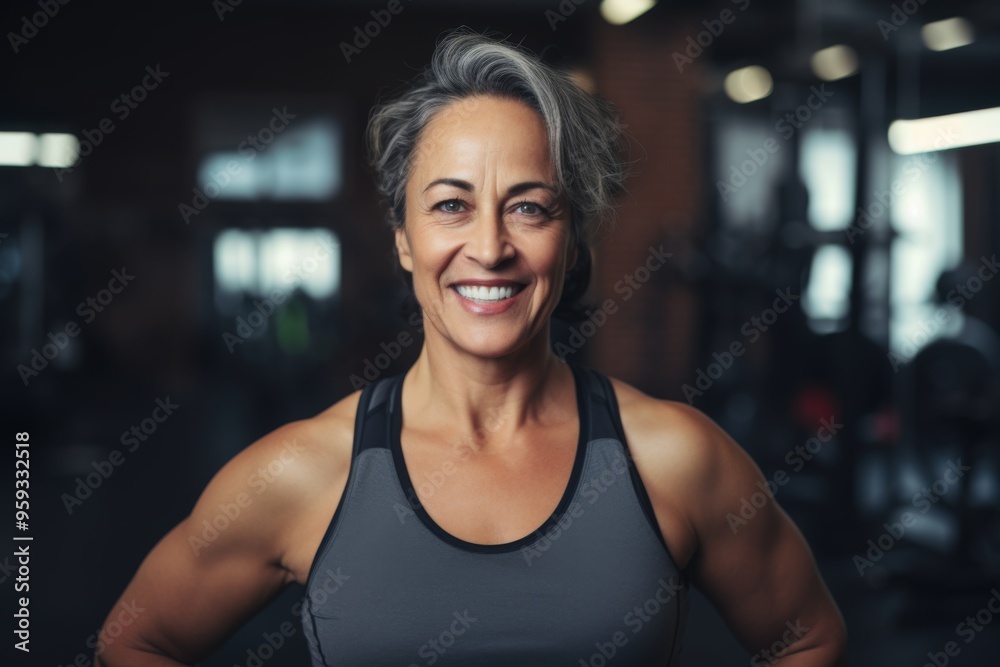 Smiling portrait of a middle aged slightly overweight woman in gym Smiling portrait of a middle aged slightly overweight woman in gym
