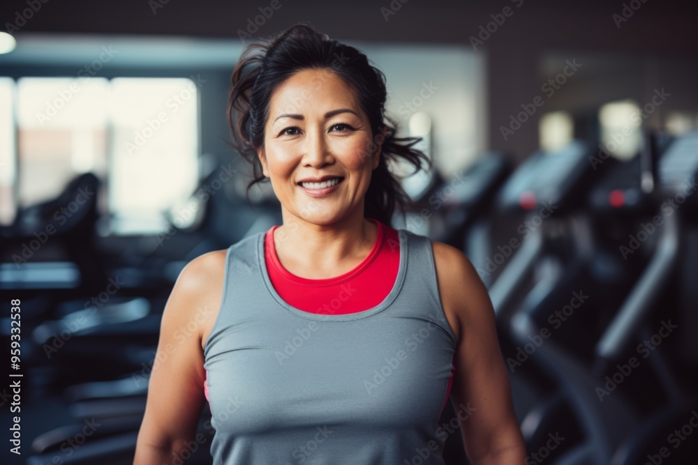 Smiling portrait of a middle aged slightly overweight woman in gym Smiling portrait of a middle aged slightly overweight woman in gym