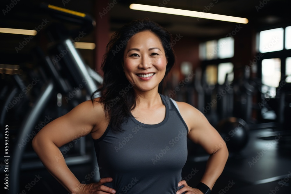 Smiling portrait of a middle aged slightly overweight woman in gym Smiling portrait of a middle aged slightly overweight woman in gym