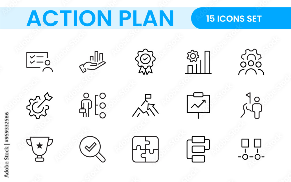 Line icons about action plan. Contains such icons as search strategy, target, scheme, timeline and workflow.Action plan set of web icons in line style. Strategy action planning icons. Line icons about action plan. Contains such icons as search strategy, target, scheme, timeline and workflow.Action plan set of web icons in line style. Strategy action planning icons.