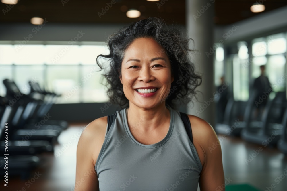 Smiling portrait of a middle aged slightly overweight woman in gym Smiling portrait of a middle aged slightly overweight woman in gym