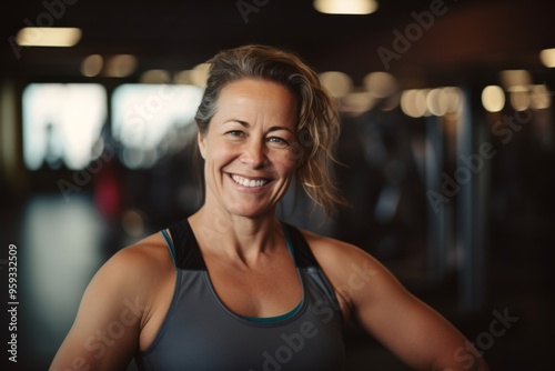 Smiling portrait of a middle aged slightly overweight woman in gym Free Download Smiling portrait of a middle aged slightly overweight woman in gym - GFXLoad