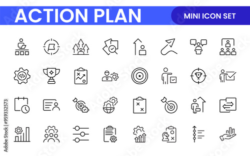 Line icons about action plan. Contains such icons as search strategy, target, scheme, timeline and workflow.Action plan set of web icons in line style. Strategy action planning icons.