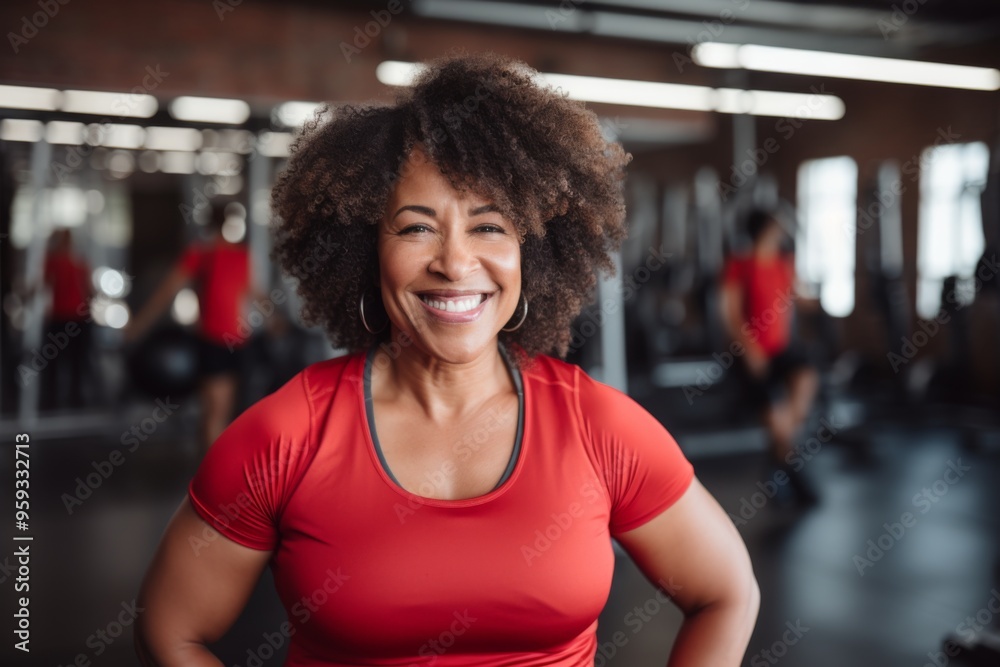 Smiling portrait of a middle aged slightly overweight woman in gym Smiling portrait of a middle aged slightly overweight woman in gym