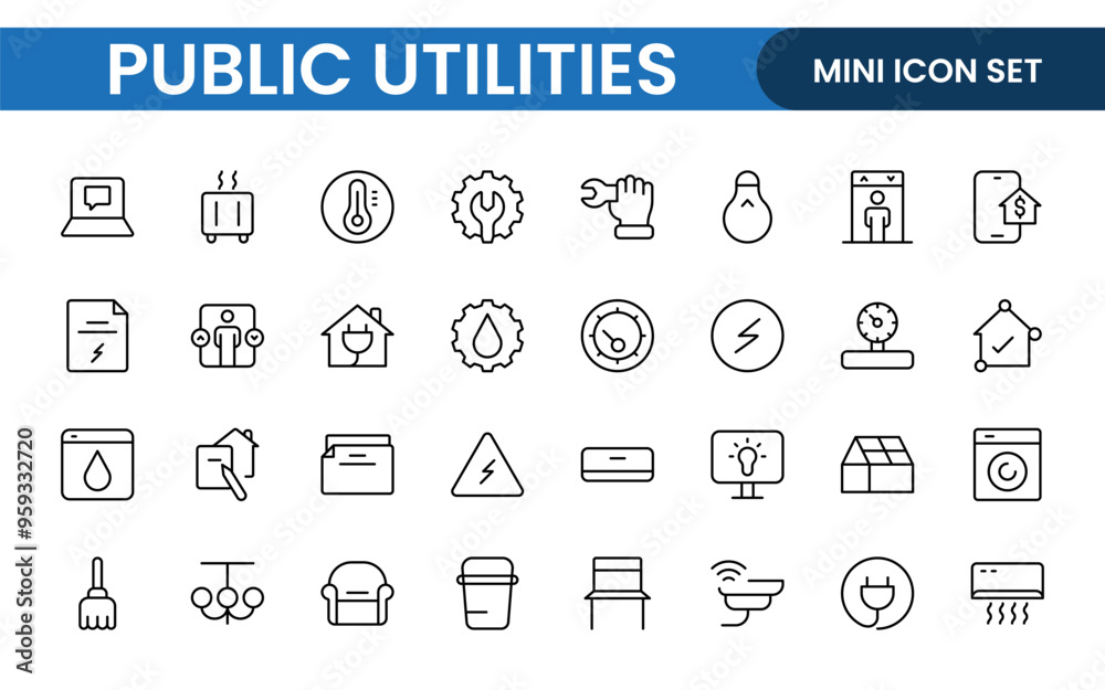 Public utilities linear signed icon collection. Signed thin line icons collection. Set of public utilities simple outline icons. Public utilities linear signed icon collection. Signed thin line icons collection. Set of public utilities simple outline icons.