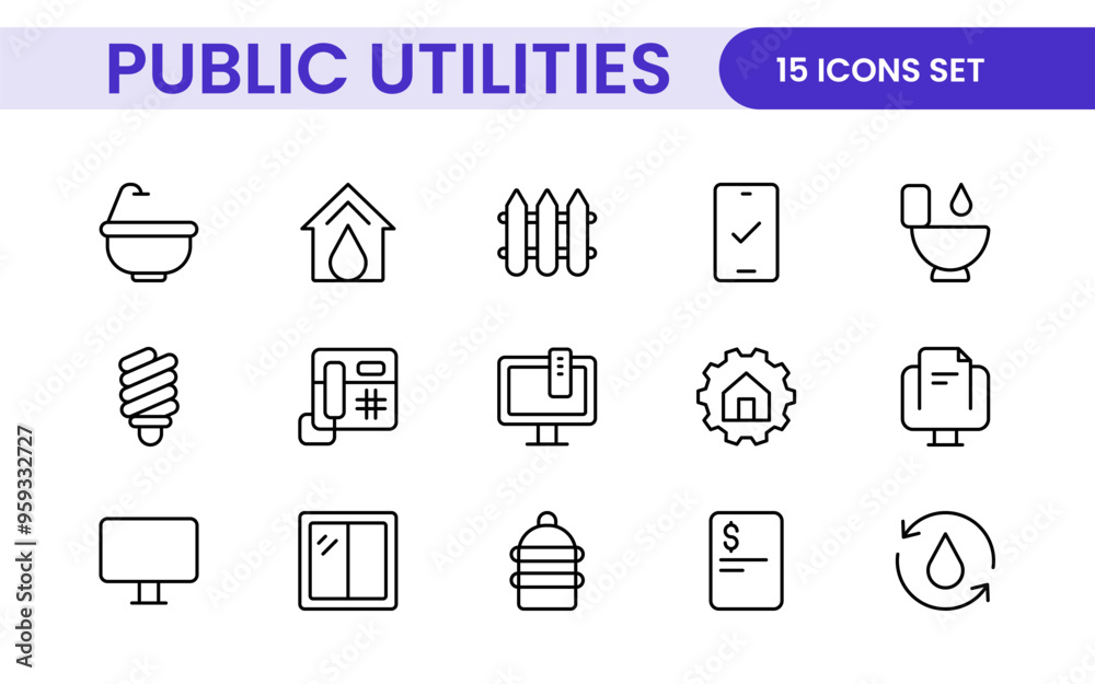 Public utilities linear signed icon collection. Signed thin line icons collection. Set of public utilities simple outline icons. Public utilities linear signed icon collection. Signed thin line icons collection. Set of public utilities simple outline icons.