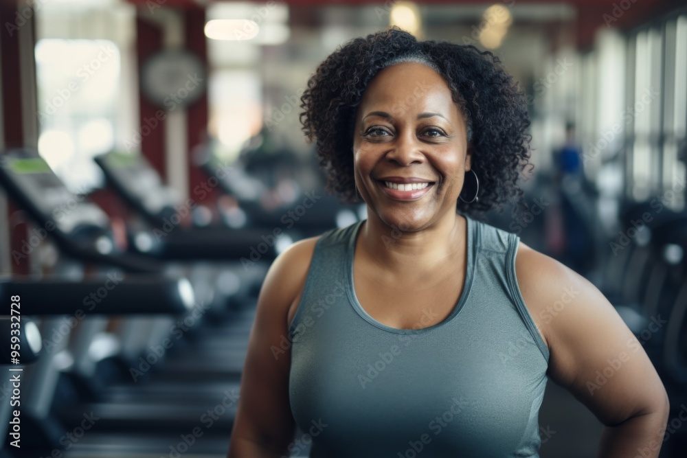 Smiling portrait of a middle aged slightly overweight woman in gym Smiling portrait of a middle aged slightly overweight woman in gym