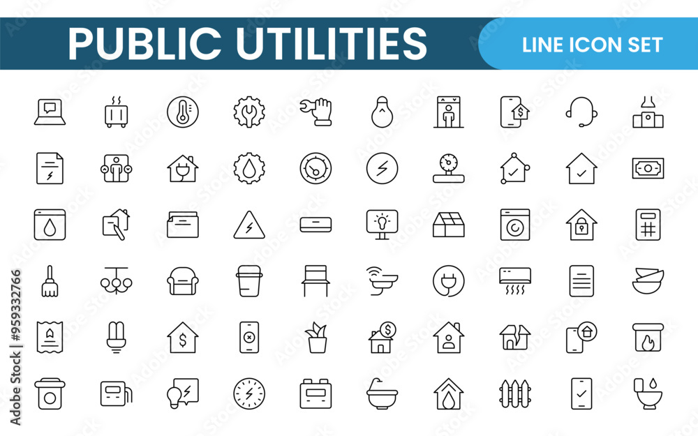 Public utilities linear signed icon collection. Signed thin line icons collection. Set of public utilities simple outline icons. Public utilities linear signed icon collection. Signed thin line icons collection. Set of public utilities simple outline icons.