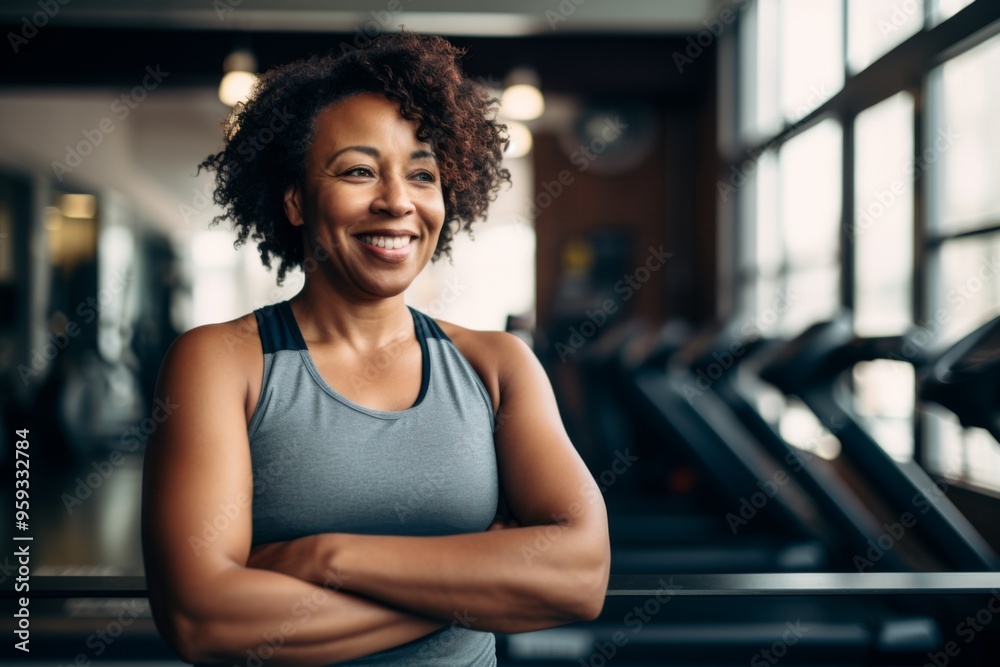 Smiling portrait of a middle aged slightly overweight woman in gym Smiling portrait of a middle aged slightly overweight woman in gym