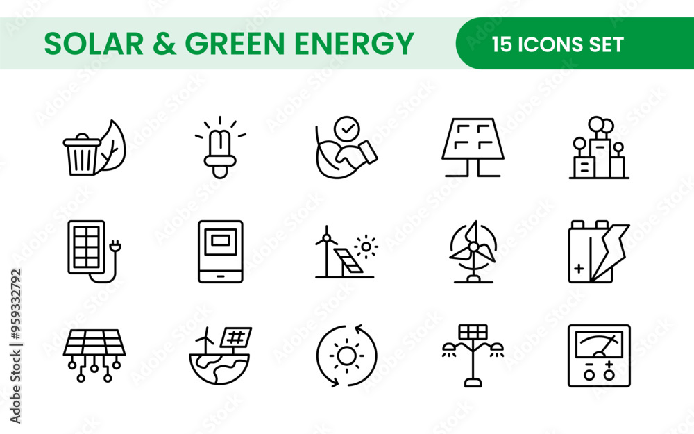 A Modern and Versatile Icon Set for Solar Energy, Renewable Resources, Eco-Friendly Solutions, and Green Technology Initiatives A Modern and Versatile Icon Set for Solar Energy, Renewable Resources, Eco-Friendly Solutions, and Green Technology Initiatives