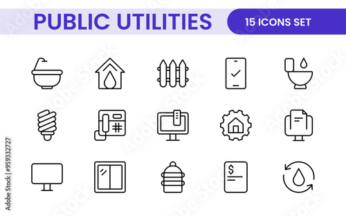  Public utilities linear signed icon collection. Signed thin line icons collection. Set of public utilities simple outline icons.