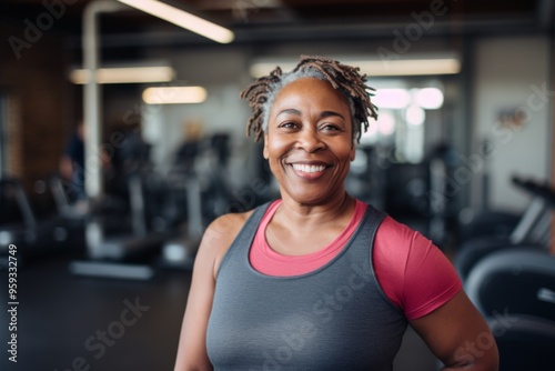 Smiling portrait of a middle aged slightly overweight woman in gym