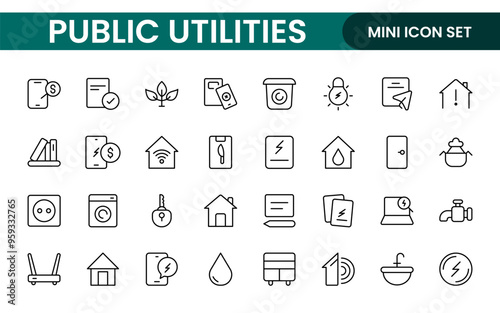  Public utilities linear signed icon collection. Signed thin line icons collection. Set of public utilities simple outline icons.