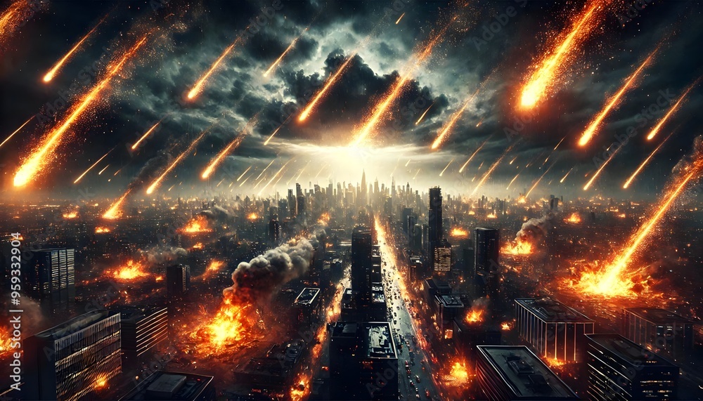 Fototapeta premium Fiery meteors strike the city center
