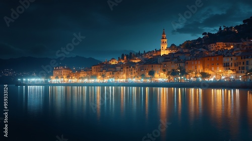 View on the old part of Menton ProvenceAlpesCote dAzur France Europe during a summer evening Menton French rivieraa : Generative AI