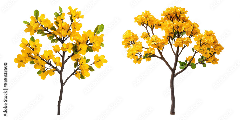 Two trees with yellow leaves are shown side by side on a transparent background. Two trees with yellow leaves are shown side by side on a transparent background.