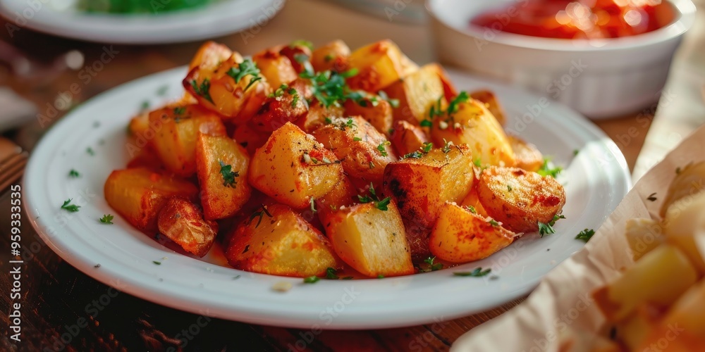 Close-up of crispy potatoes served on a light-colored tablecloth and wooden surface. Close-up of crispy potatoes served on a light-colored tablecloth and wooden surface.