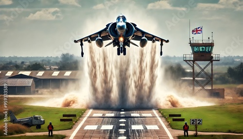 Harrier jet performing a vertical landing on an airfield photo