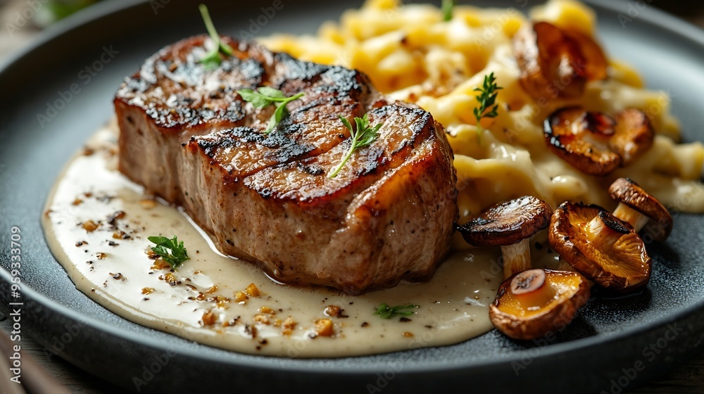 Modern style traditional barbecue pork filet medaillons in cream sauce with chanterelle mushrooms and spaetzle offered as closeup on a Nordic design plate : Generative AI Modern style traditional barbecue pork filet medaillons in cream sauce with chanterelle mushrooms and spaetzle offered as closeup on a Nordic design plate : Generative AI