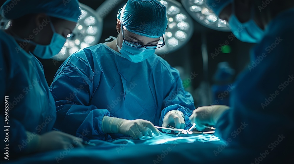 Team of doctor or surgeon and nurse in blue gown inside operating room did minimal invasive spine surgery technology with medical instrumentDisc surgery in sciatica painClose up at ins : Generative AI