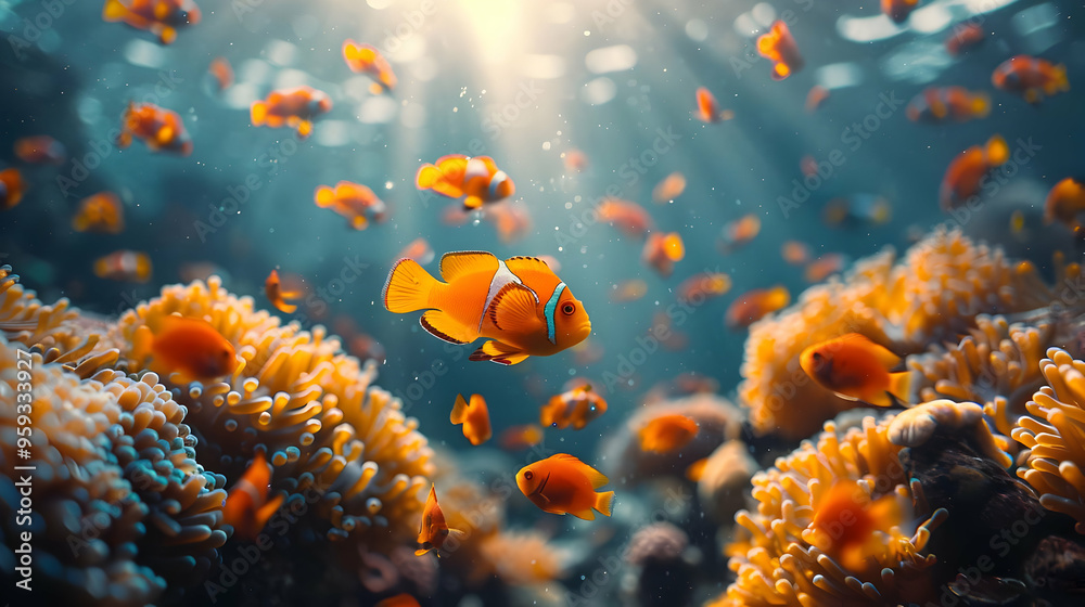 Orange and White Clownfish Swimming in Coral Reef Underwater Photo Orange and White Clownfish Swimming in Coral Reef Underwater Photo