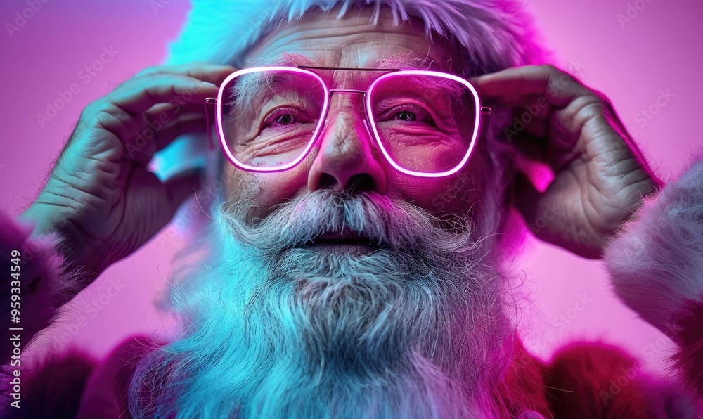 Happy Santa Claus Illuminated by Violet Neon Light: Festive Photo with Vibrant Glow Happy Santa Claus Illuminated by Violet Neon Light: Festive Photo with Vibrant Glow