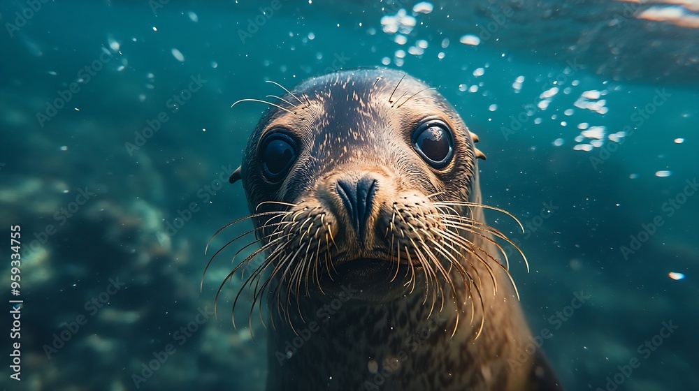 Fototapeta premium Galapagos fur seal Arctocephalus galapagoensis swimming at camera in tropical underwaters Lion seal in under water world Observation of wildlife ocean Scuba diving adventure in Ecuador : Generative AI