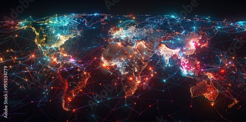 Global network connections illustrated on a world map with luminous lines and nodes. Bright colors highlight the transfer of information and communication across the globe, showcasing intricate 