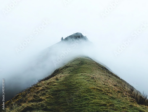 Fog rolling through a mountain pass, foggy weather, mysterious and silent photo