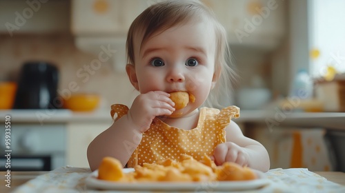 Cute baby girl eating lunch in the kitchen Little kid tasting solids at home Baby led weaning : Generative AI