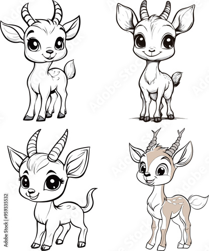 Adorable Cartoon Baby Antelopes in Black and White