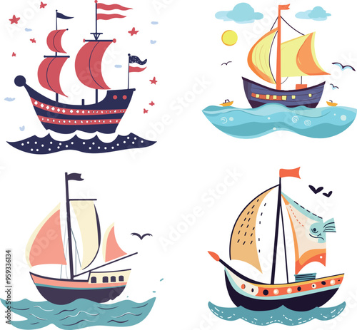 Colorful Cartoon Sailing Ships