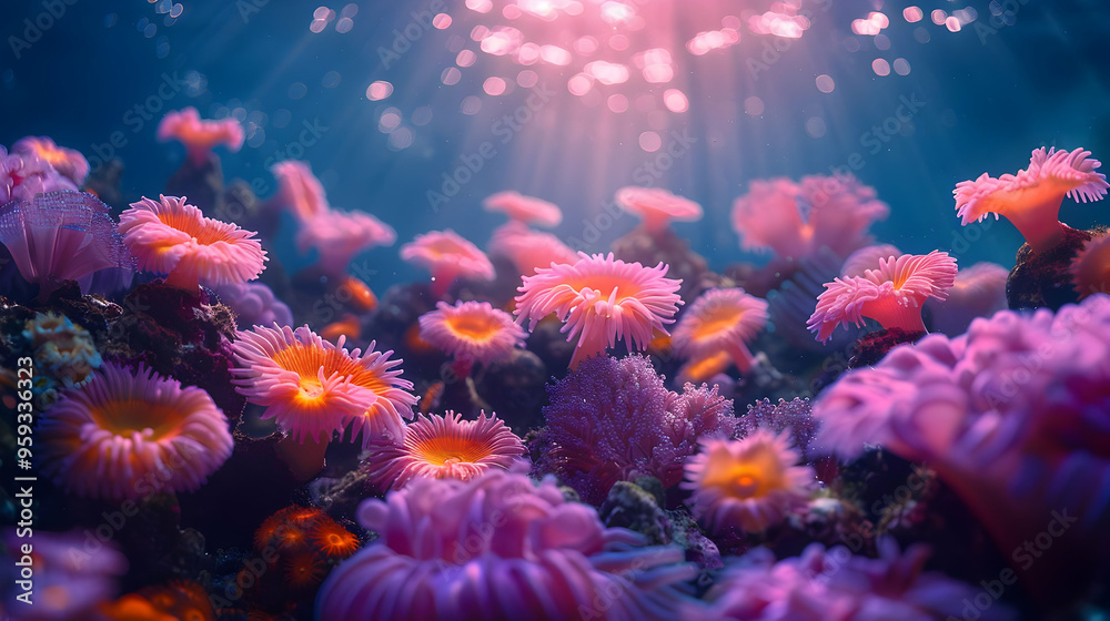 Fototapeta premium Vibrant Pink and Orange Sea Anemones Underwater Illustration