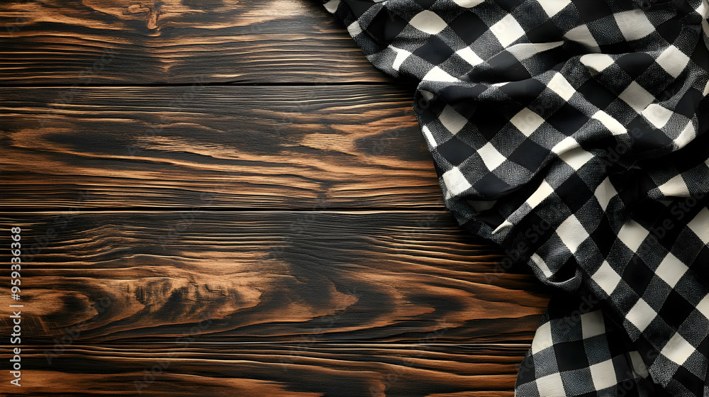 Black and white checkered kitchen towel on a rustic wooden background. Black and white checkered kitchen towel on a rustic wooden background.