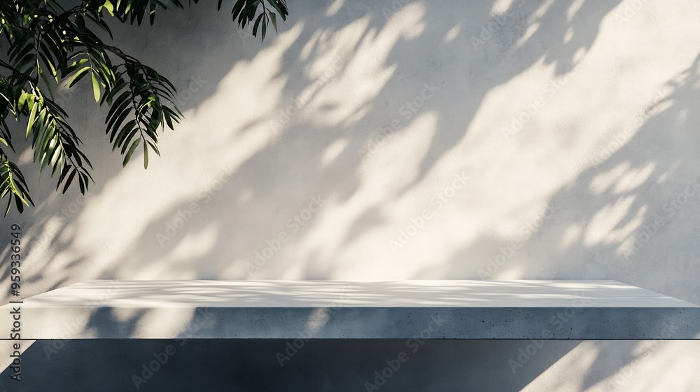 Obraz premium White concrete empty table organic curtain and plant shadow on cement wall Summer exterior scene for product placement mockup Neutral minimal aesthetic : Generative AI