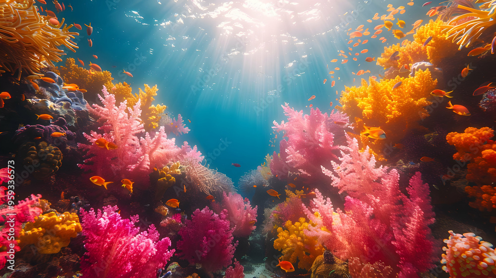 Fototapeta premium Underwater Coral Reef Scene with Sunlight and Fish