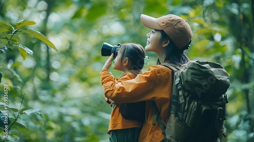 woman family walking in the forest to watching a bird in nature using binocular for birding by looking on a tree adventure travel activity in outdoor trekking lifestyle searching wildl : Generative AI photo