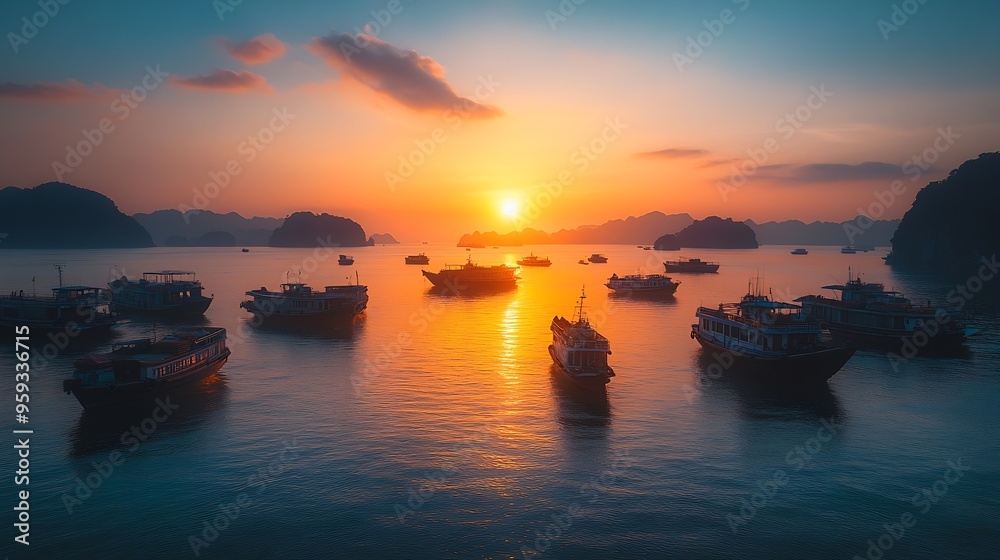 Sunset In The Morning On The harbour In Ha long Bay In Vietnam : Generative AI Sunset In The Morning On The harbour In Ha long Bay In Vietnam : Generative AI