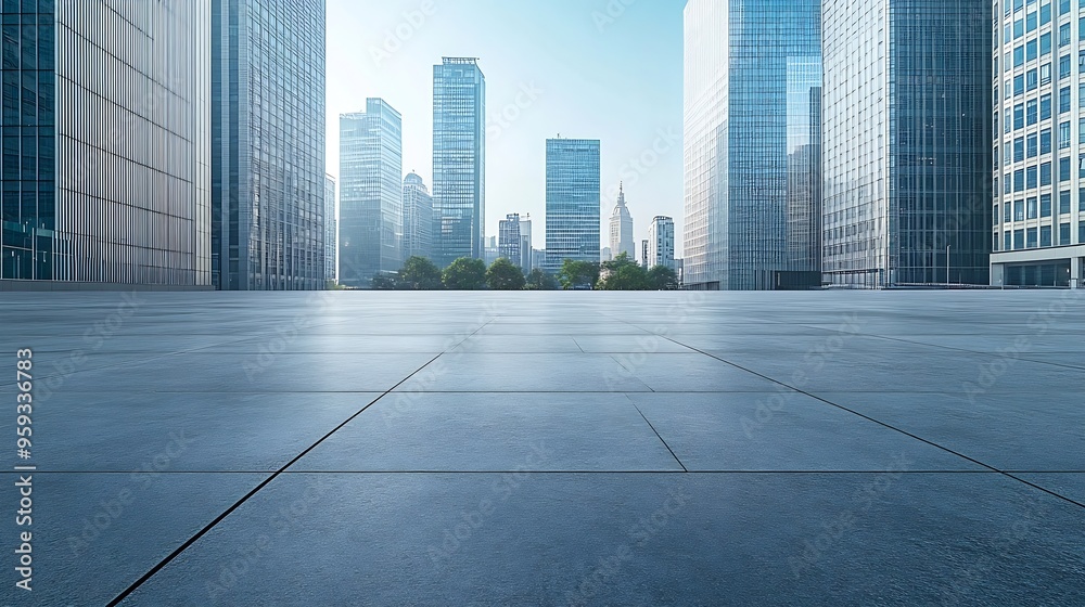 empty concrete floor in front of modern buildings in the downtown street copy space for parking lot : Generative AI empty concrete floor in front of modern buildings in the downtown street copy space for parking lot : Generative AI