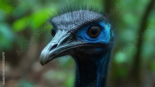 Southern Cassowary  Casuarius casuarius also Doublewattled or Australian or Twowattled cassowary large flightless black bird ratite related to the emu ostriches rheas and kiwis in rain : Generative AI photo