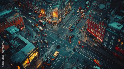 aerial view of an intersection with some traffic in Dublin city centre during evening time Ireland : Generative AI photo