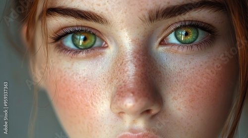 Girl without makeup green eyes Bright light small pupil : Generative AI